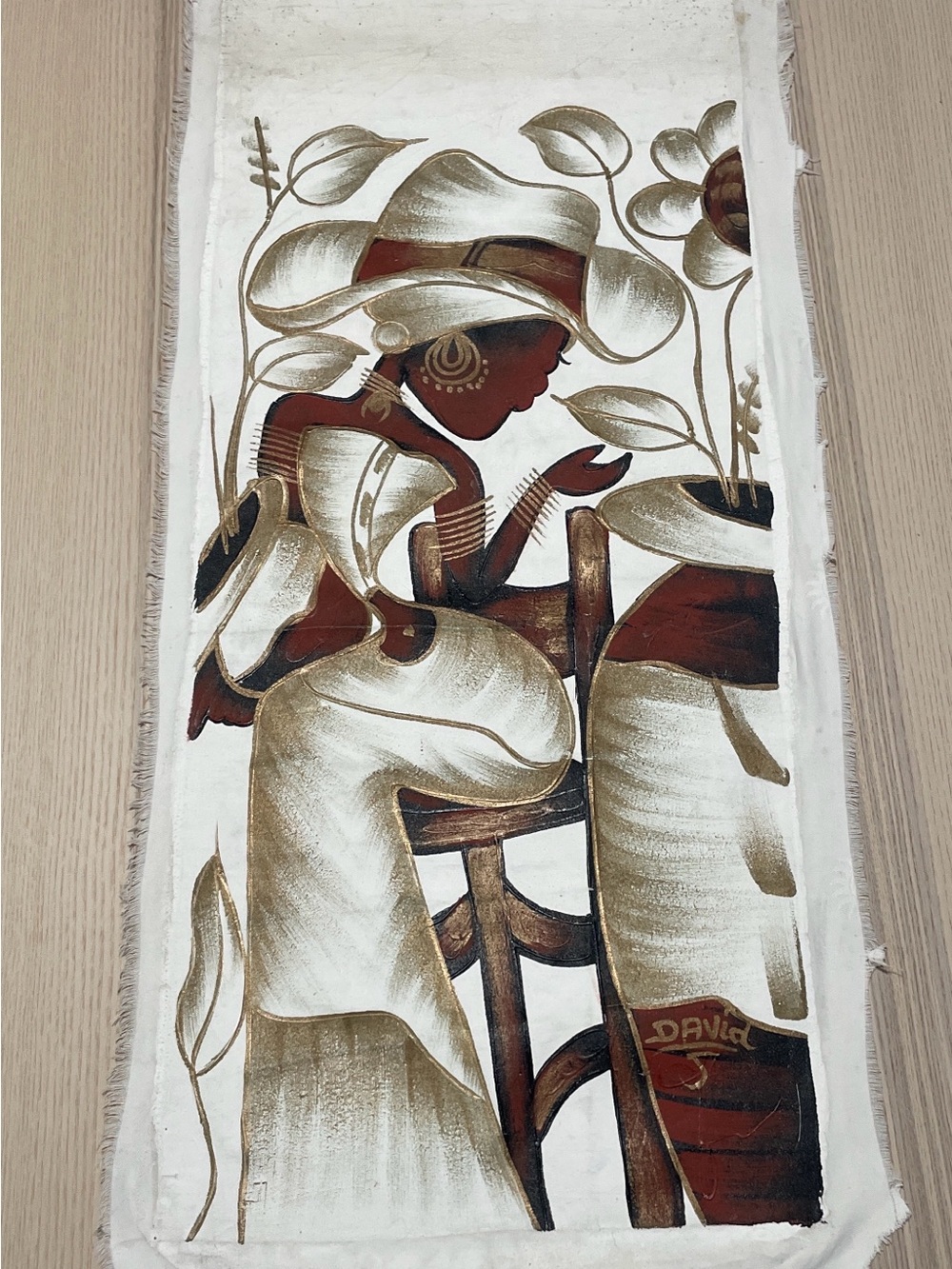 Hand-Painted Ivory and Brown African Woman Canvas Wall Art